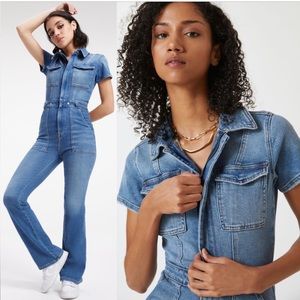 GOOD AMERICAN 70s Short Sleeve Flare Leg Fitted Denim Jumpsuit Coveralls M